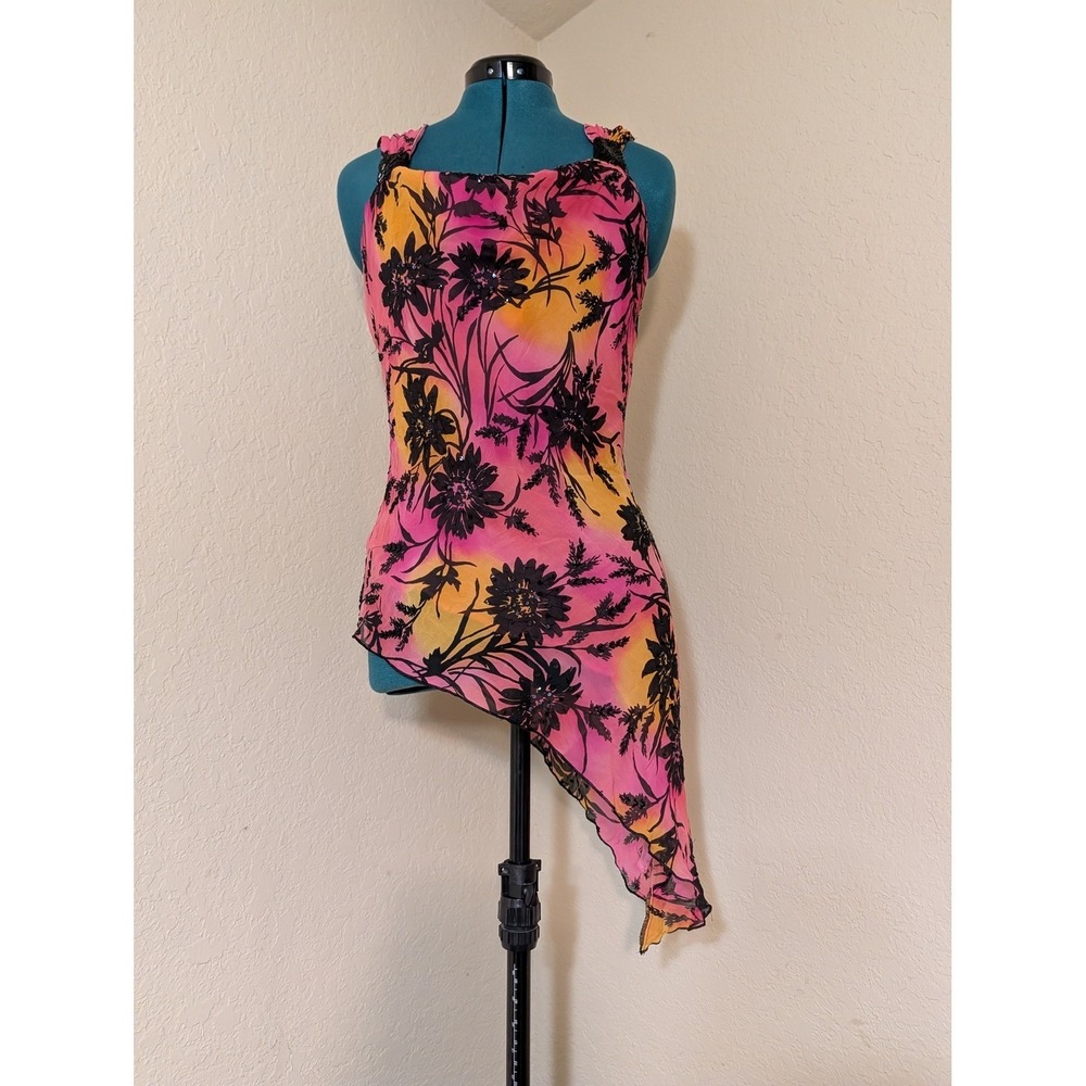 Cache Y2K Pink Orange Floral Sunset Beaded Asymmetrical Hem Blouse Top Large